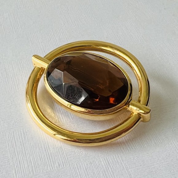 Vintage Luxurious 18K Gold Plated Large Faceted Smoky Topaz Glass Round Brooch - Picture 4 of 7